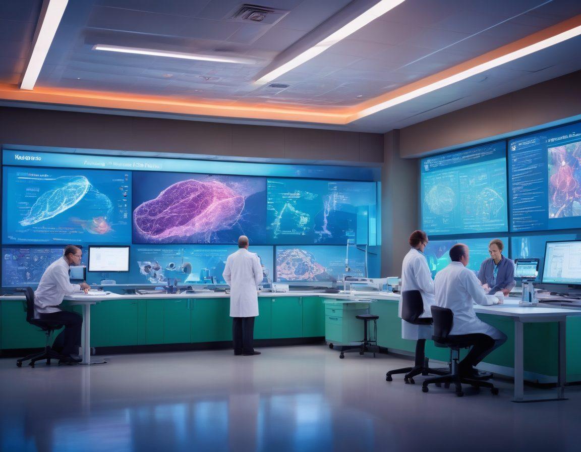 A vibrant research laboratory scene showcasing oncologists collaborating over cutting-edge tumor prevention technology, with cancer research posters in the background featuring WA landscapes. Include advanced medical equipment and resources on the tables, symbolizing hope and innovation in oncology. Super-realistic, vibrant colors, bright lighting.