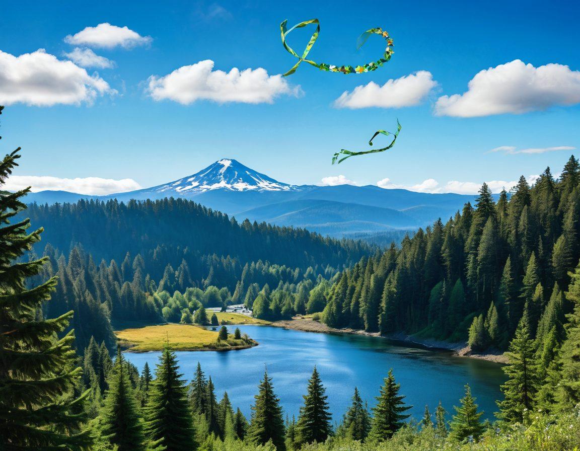 A mountain landscape of the Evergreen State with lush greenery and a clear blue sky, overlaid with symbols of cancer awareness like ribbons and educational icons. Include diverse individuals participating in health initiatives, engaging in activities like discussing and distributing pamphlets. The scene should convey hope and community engagement, signifying the importance of cancer education. vibrant colors. super-realistic.
