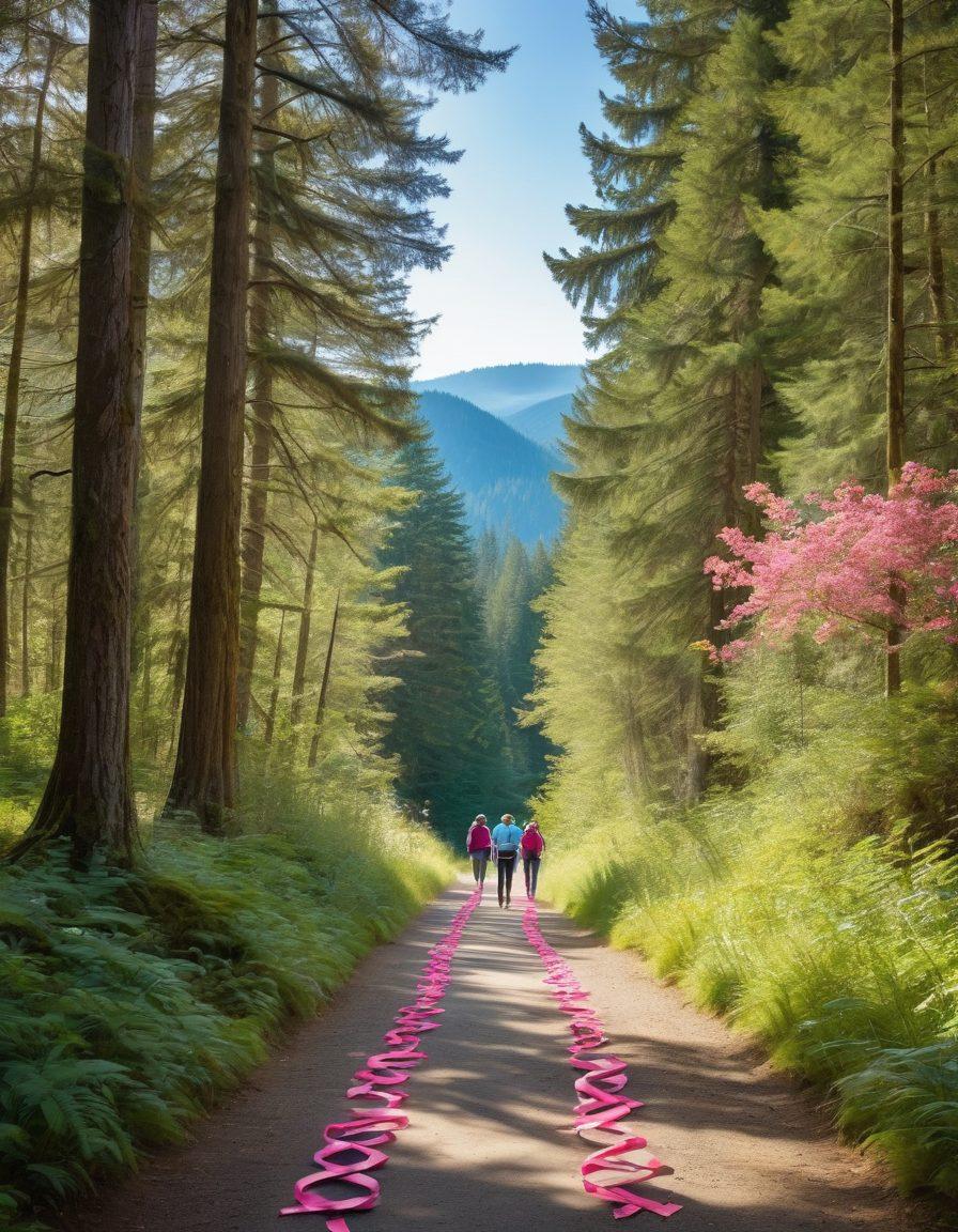 A scenic view of Washington State, showcasing a diverse group of people walking together on a path surrounded by lush green forests, symbolizing unity and awareness. Include vibrant pink ribbons intertwined with nature as a nod to cancer awareness, while a clear blue sky above casts a hopeful tone. Subtle elements like informational signs about health and wellness along the path enhance the theme of education. warm colors. super-realistic. bright and uplifting.